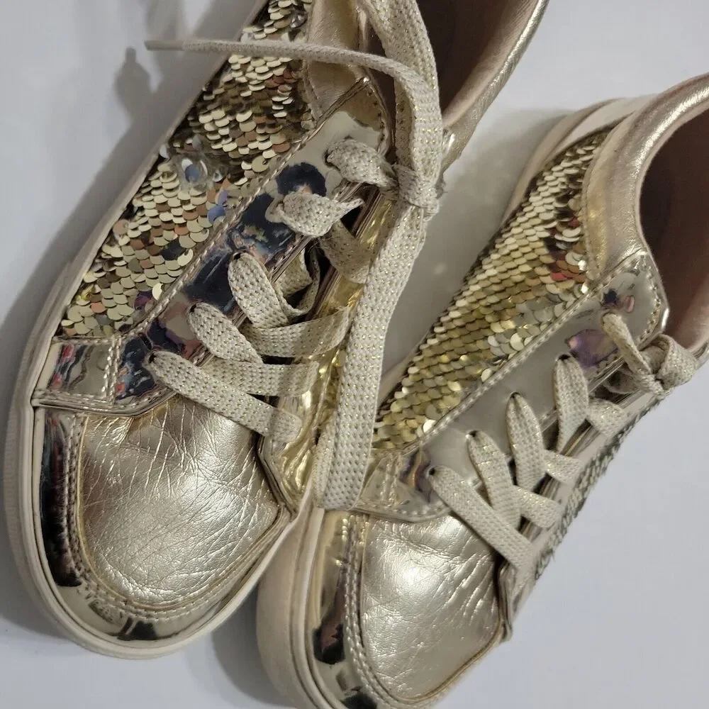 Childrens Place Shoes Girls 4 Gold Sneaker Classic Lace Low Top Flat Flip Sequin